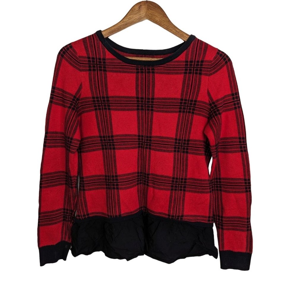 Cynthia Rowley Retro Style Academia Red Windowpane Cotton Sweater Peplum hem szM
